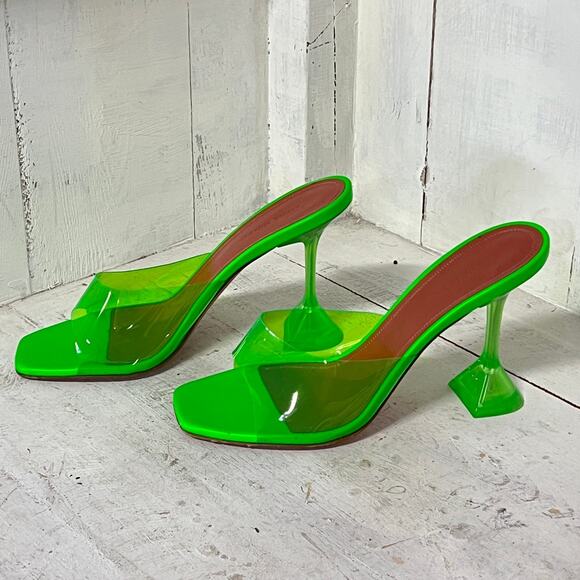 Amina Muaddi Lupita PVC Slip On Spool Heel Mules Sandal Fluo Green Women Size 40 - Picture 3 of 6